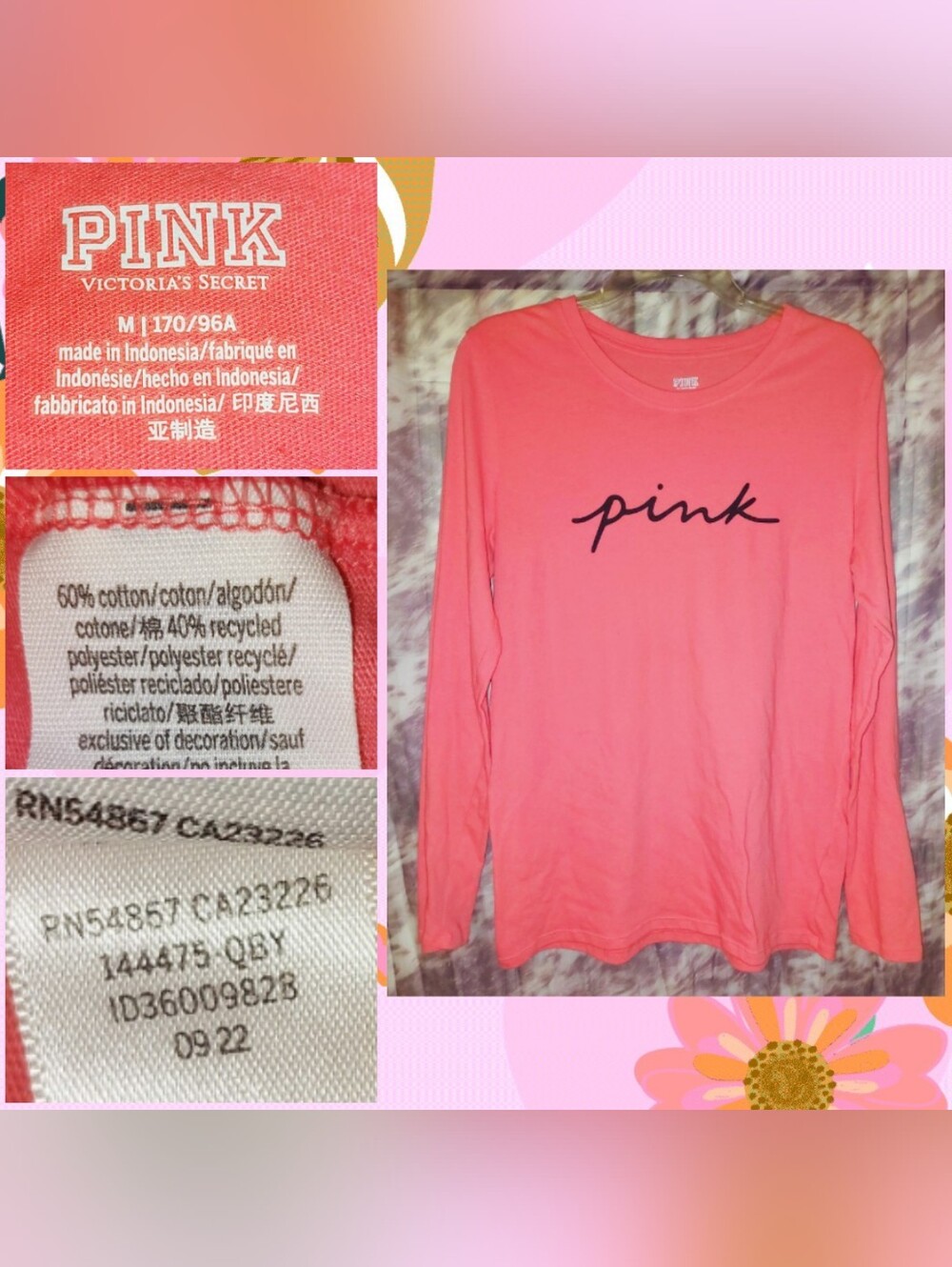 PINK by Victoria's Secret Coral Pink w/Blk Logo Graphic Kmit PJ Top Sz Med(8/10)